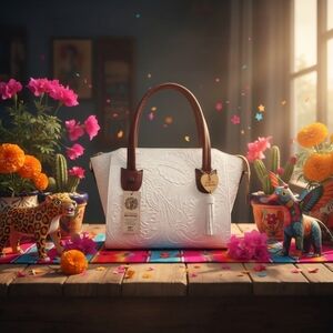 White & Brown Embossed Tooled Artisan LEATHER Bag Purse Bolsa Mexicana Artesanal